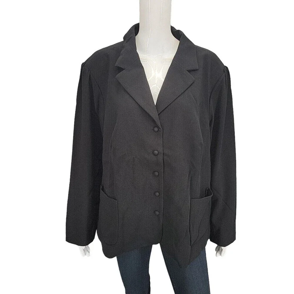 Dialogue Womens Crepe Button Jacket w Pockets Petite 28WP Plus Size 3X Black